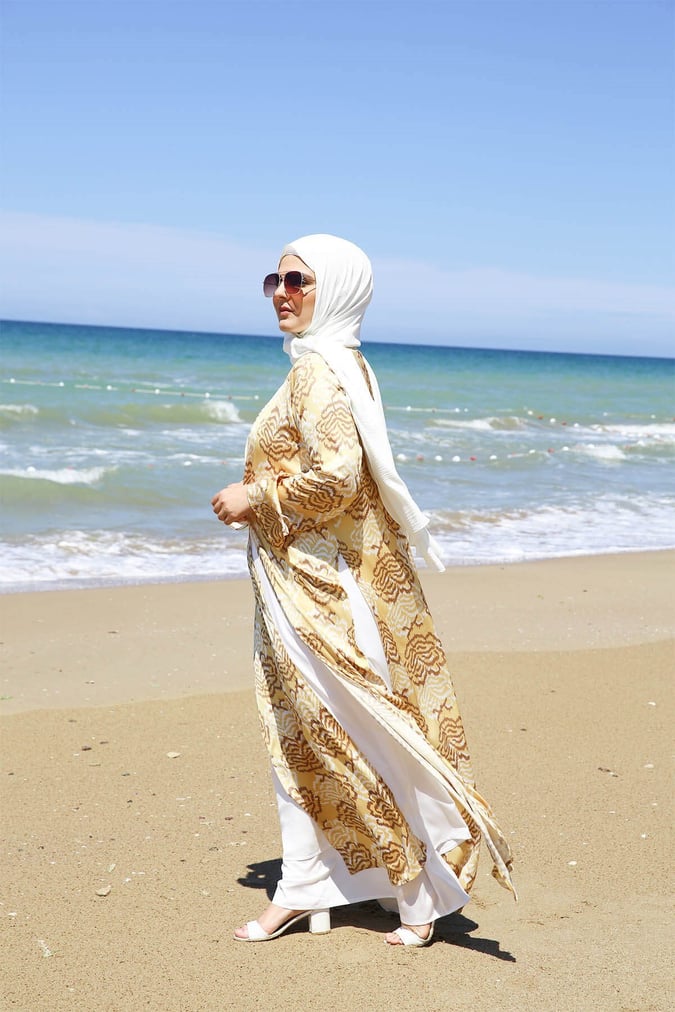Ensemble robe+ kimono imprimé jaune