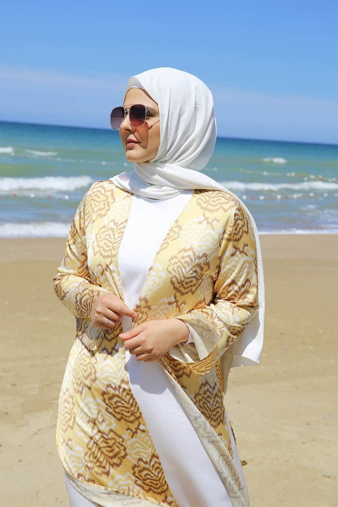 Ensemble robe+ kimono imprimé jaune