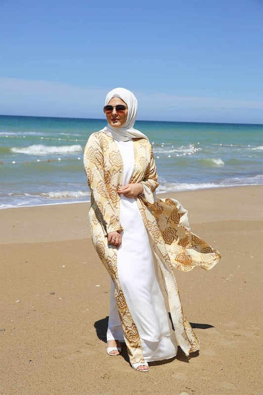 Ensemble robe+ kimono imprimé jaune